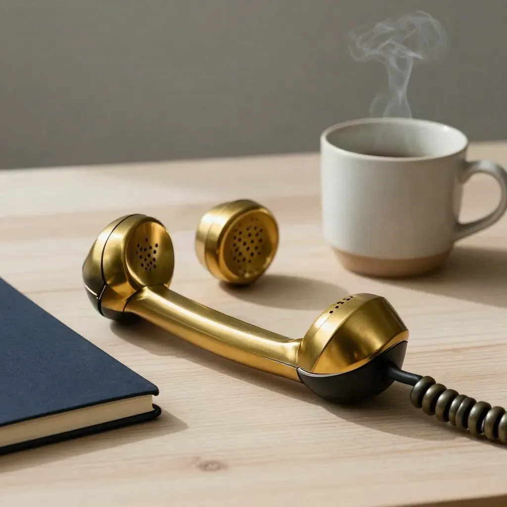 Brass handset, navy notebook and steaming cup on pale wood after an intro call.