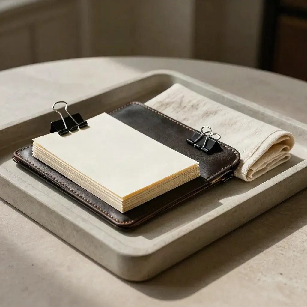 Leather portfolio with cream index cards, binder clips and linen on a stone tray