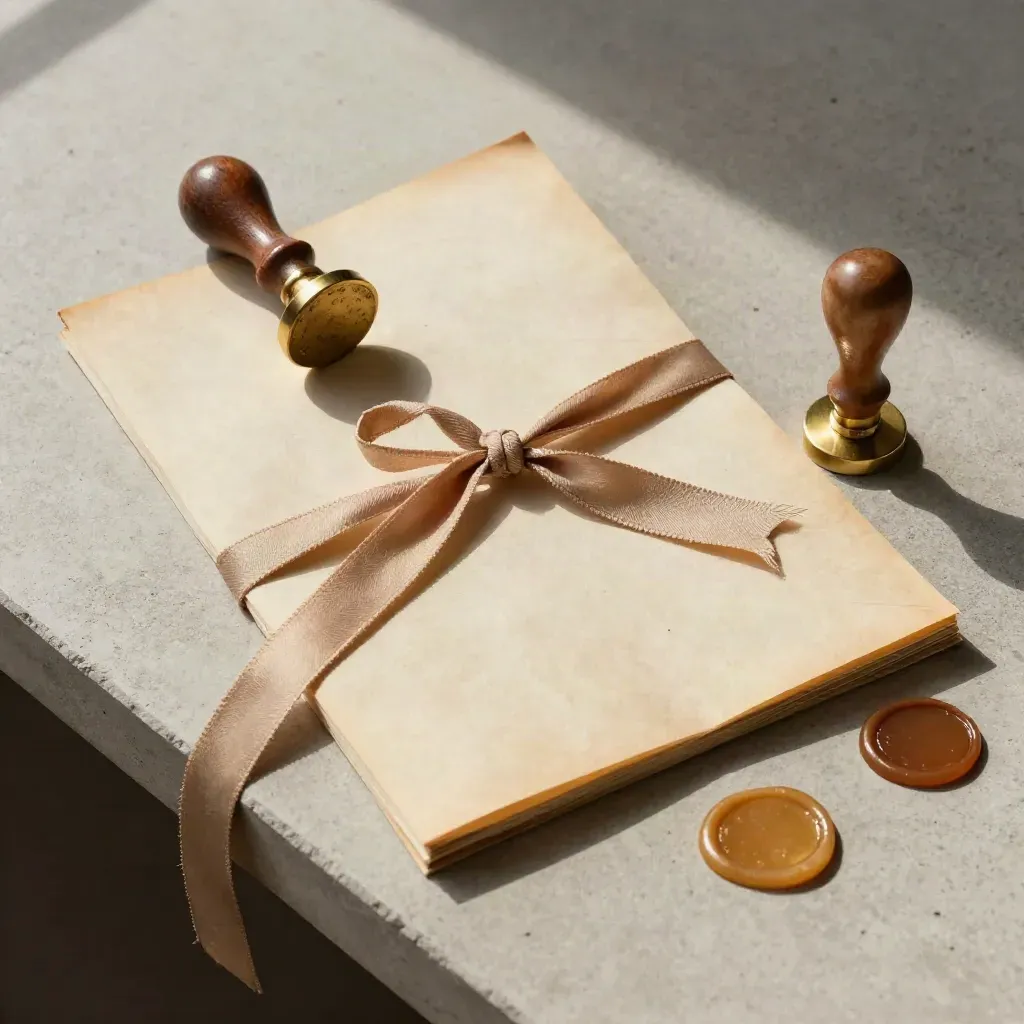 Ribbon-tied folio, brass seal stamp and cooled wax seals on pale concrete