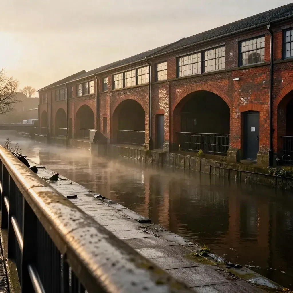 Golden-hour Midlands canal quarter with wet red-brick viaducts and misty calm water.