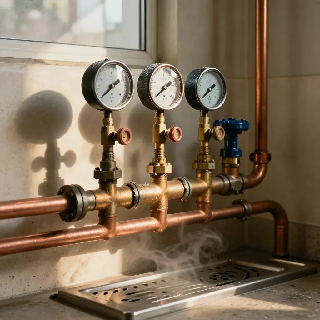 Plant room gauges and copper pipes settling after a pressure reset in warm afternoon light.