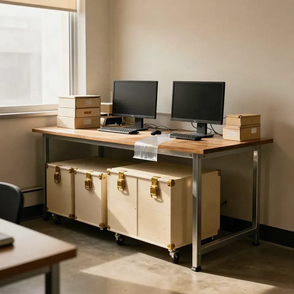 Bright R&D lab corner with new workbenches, boxed equipment and dark monitors in clean morning light.