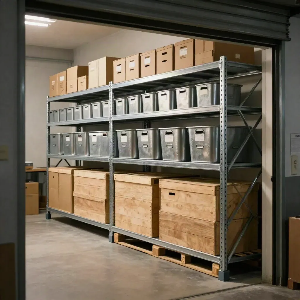 Ordered industrial storeroom shelves in a calm, consolidated warehouse aisle