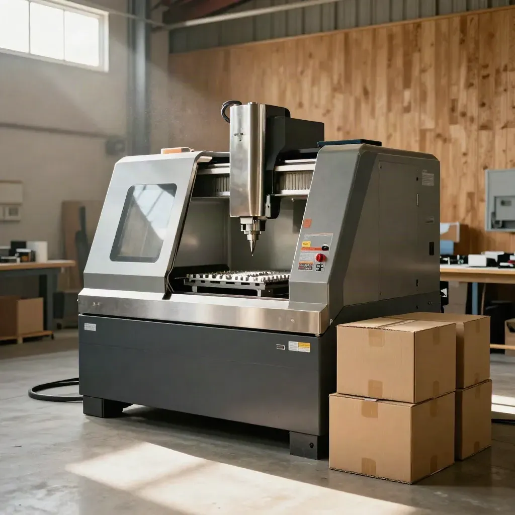 CNC machine beside shrink-wrapped pallets and crates in a bright workshop corner.