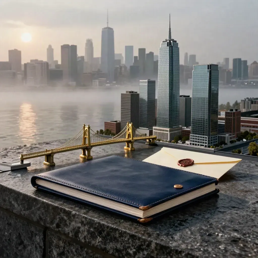 Rain-dark city ledge with a navy leather folio, brass bridge, wax seal and scale model at sunrise.