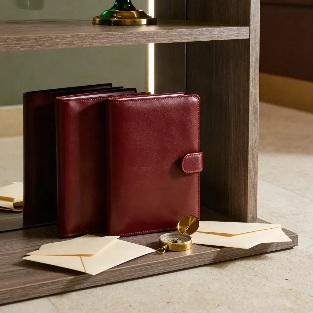 Leather folios, brass compass, and sealed invitations in a private-club lobby.