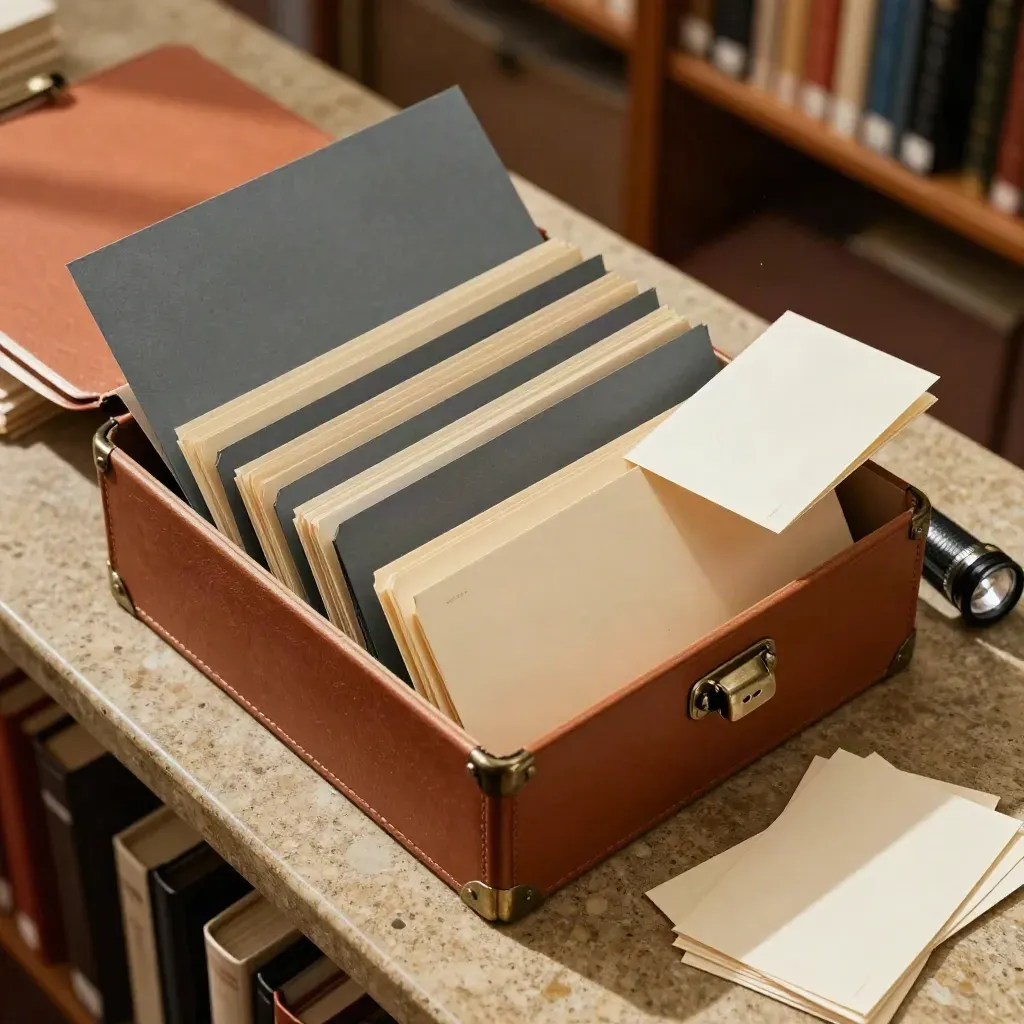Opened due-diligence box with folders, flashlight and soft-focus cards on a limestone counter