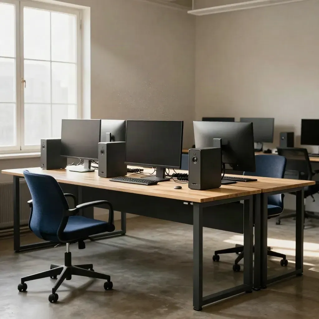 Three desks and monitor boxes in a sunlit software studio corner, ready for a new team.