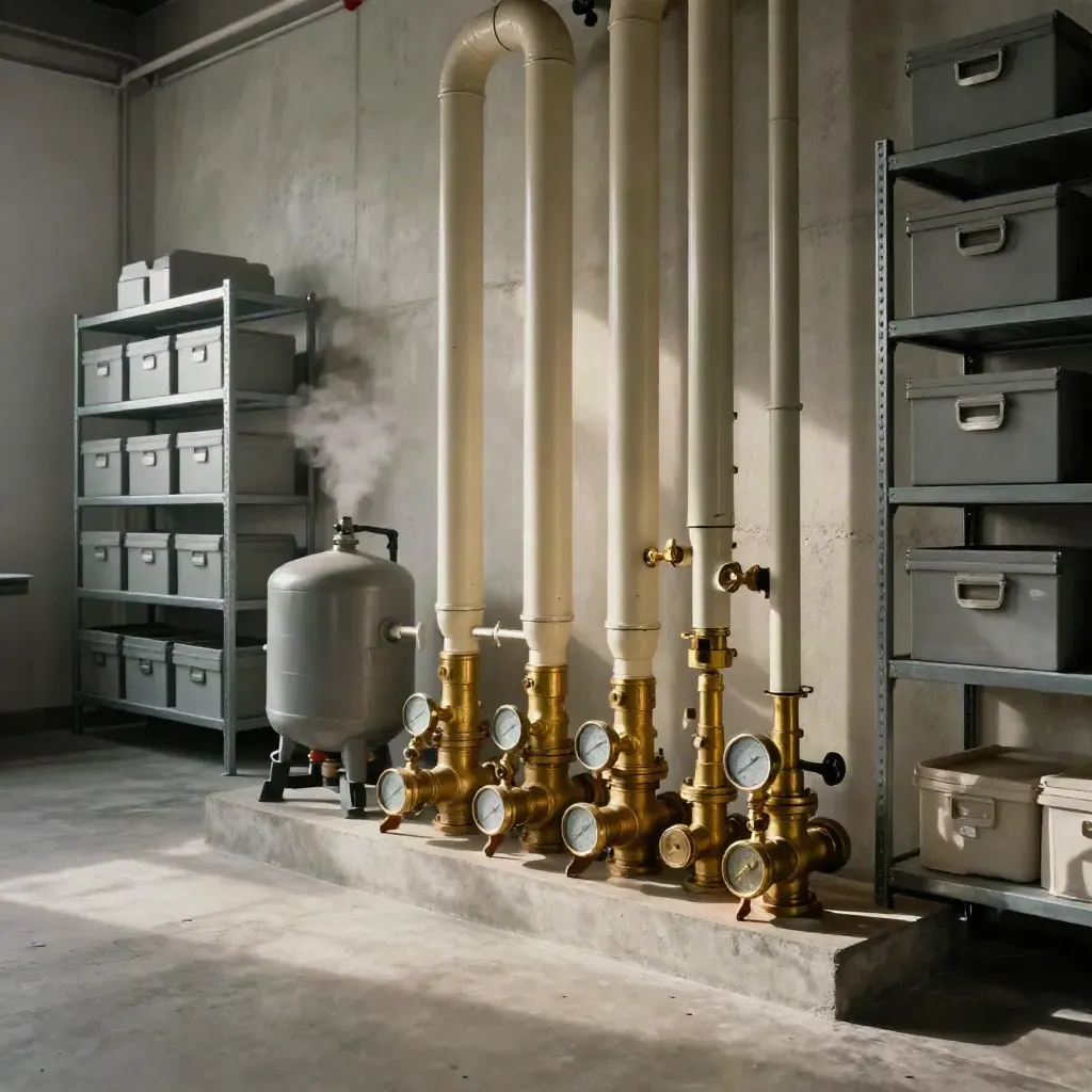 Empty plant room with low gauges, brass pipework and tidy shelves in cool steam.