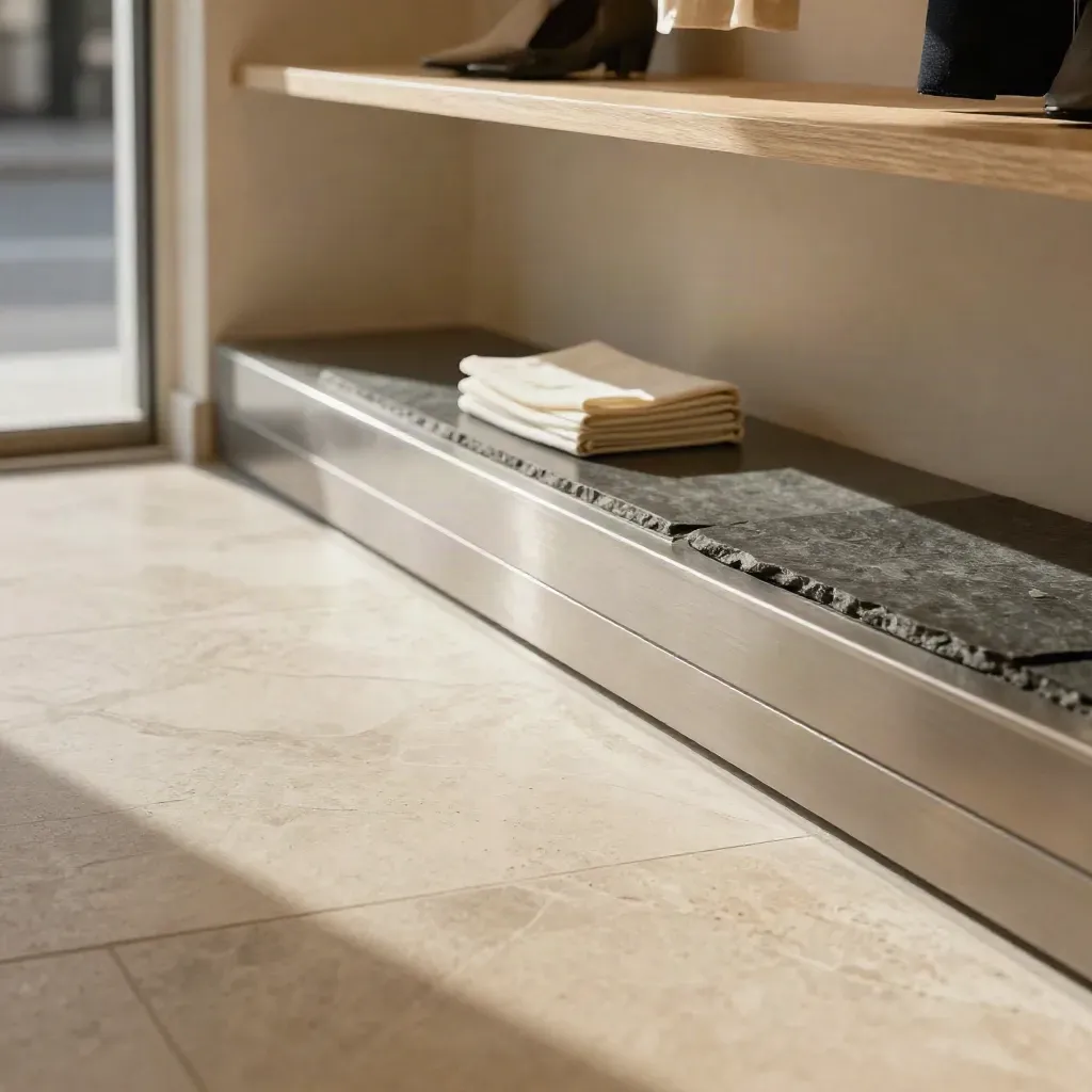 Macro of a refreshed boutique doorway detail with stone floor, pale shelving and slate accents