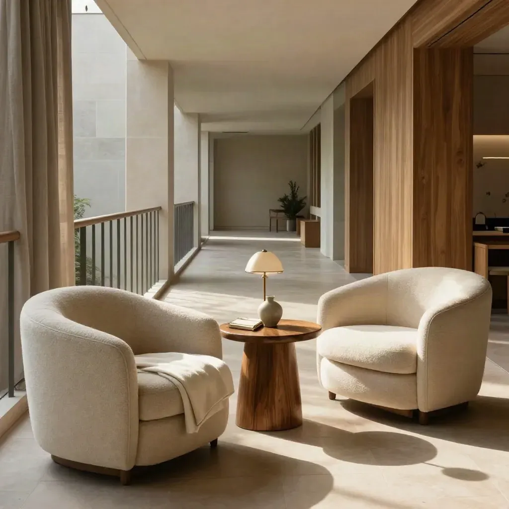 Empty care-home lounge with armchairs, side table and receding corridor