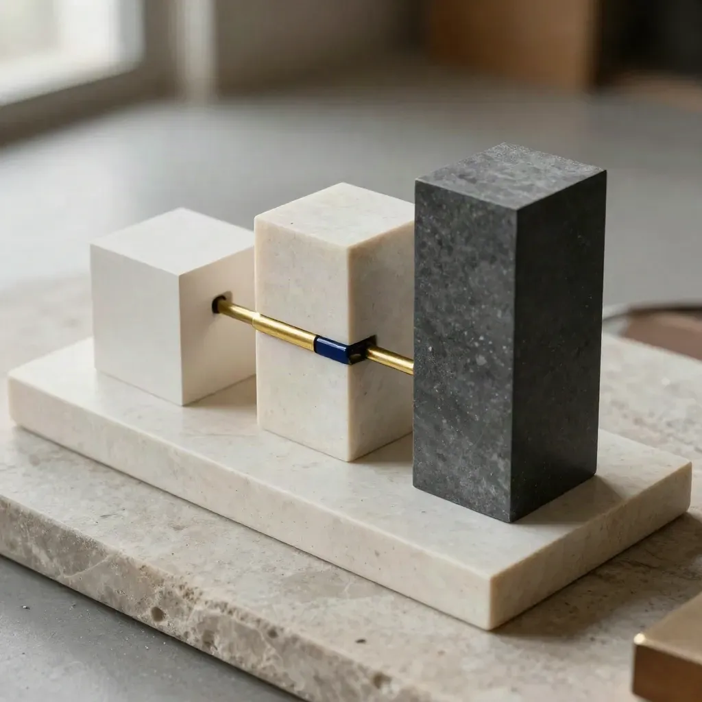 Three linked architectural miniatures on a pale plinth, lit in soft studio daylight.