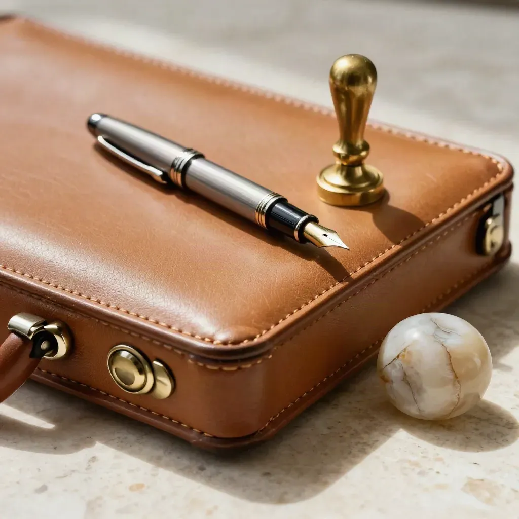 Macro still life of a briefcase, fountain pen, brass seal and stone paperweight on travertine.