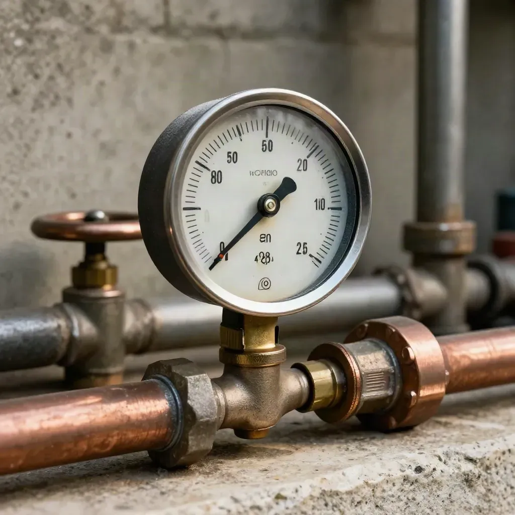 Pressure gauge, valve wheel and copper pipe fitting in a plant-room still life.
