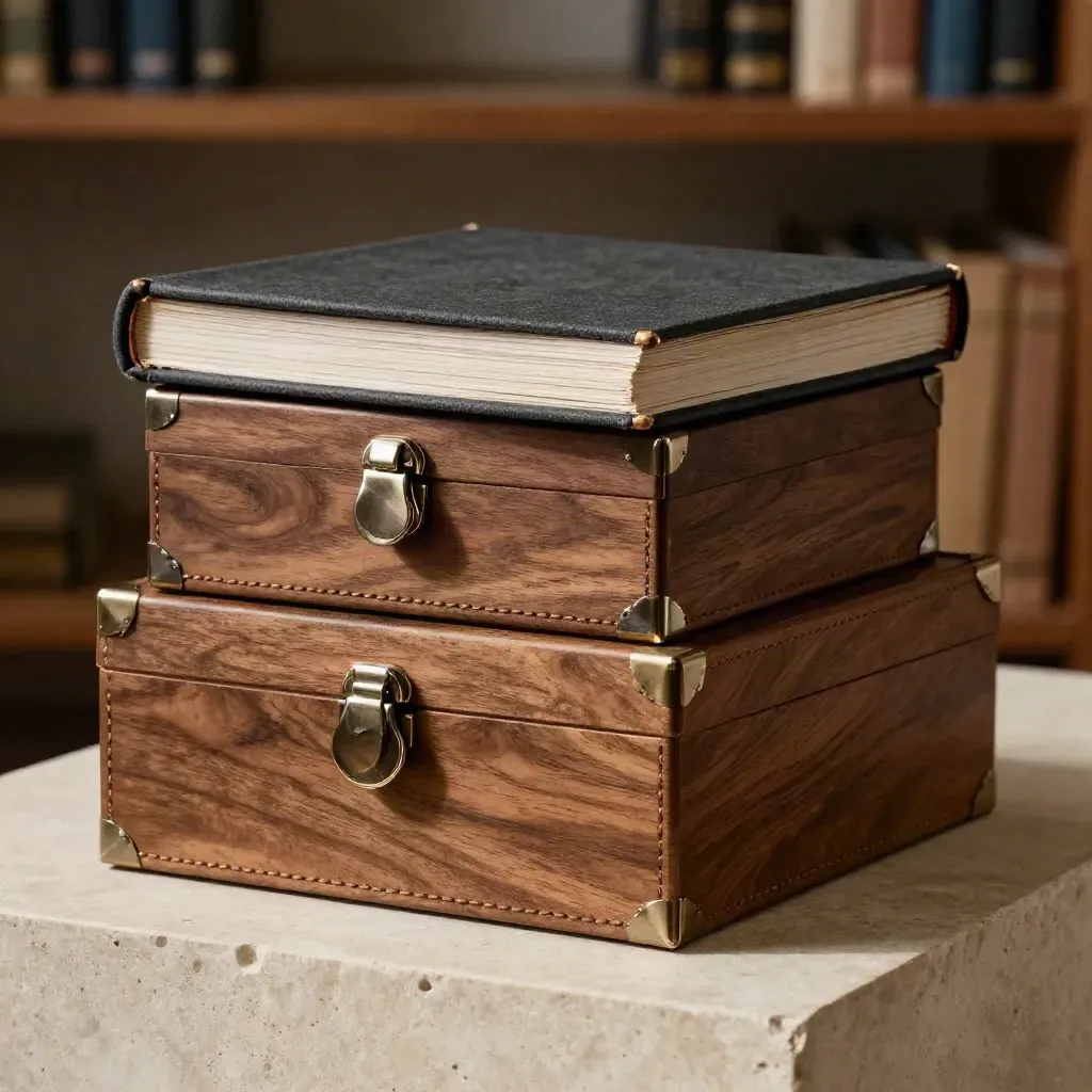 Interlocking archive boxes with steel clips and a dark portfolio on a stone plinth.