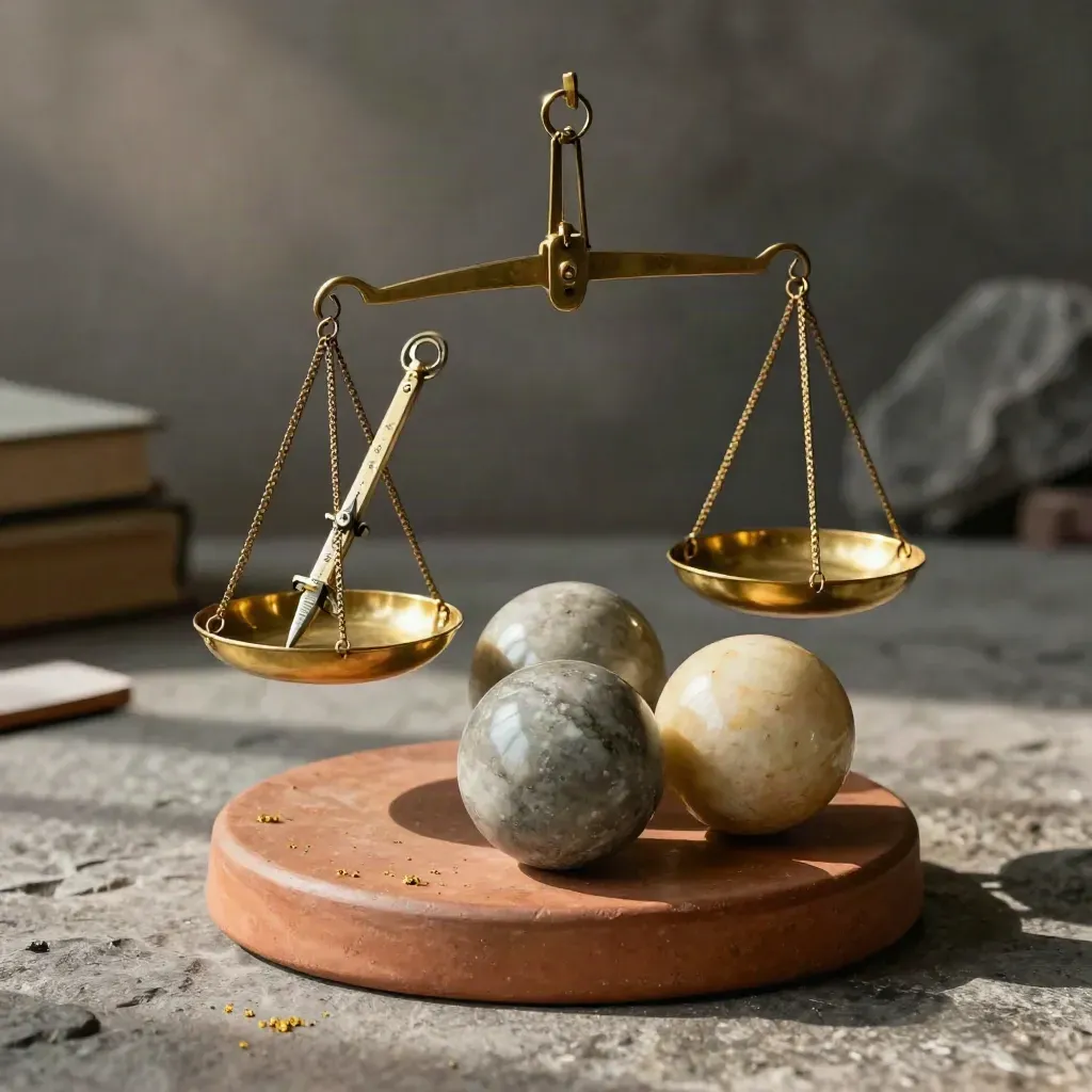Brass balance scale, brass compass and polished stone spheres on terracotta under soft daylight.