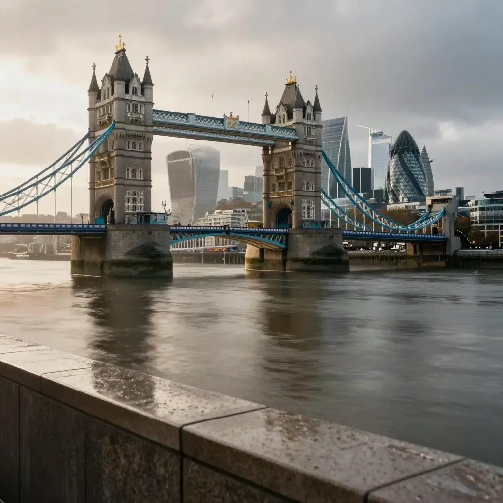 City of London skyline and Tower Bridge above a calm misty Thames at sunrise