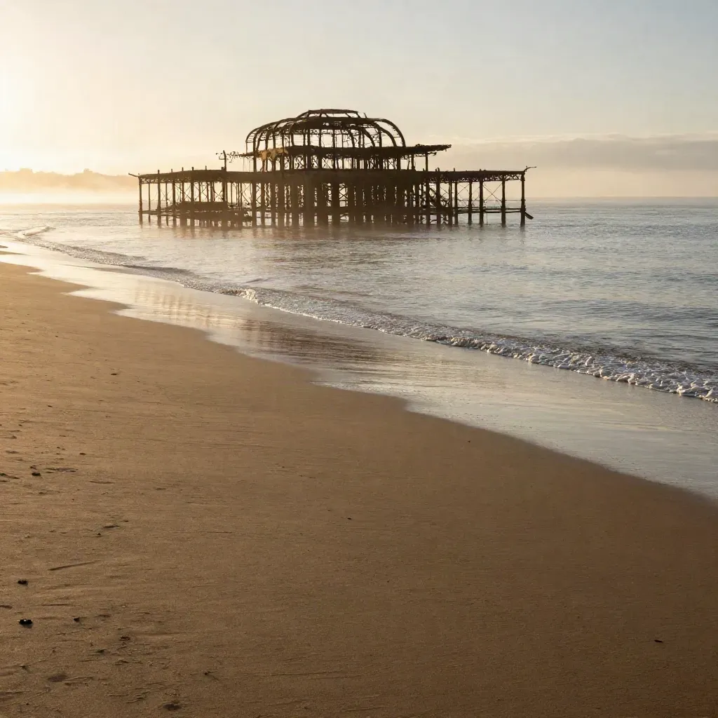 Brighton seafront and West Pier remains above calm misty Channel water at golden hour.