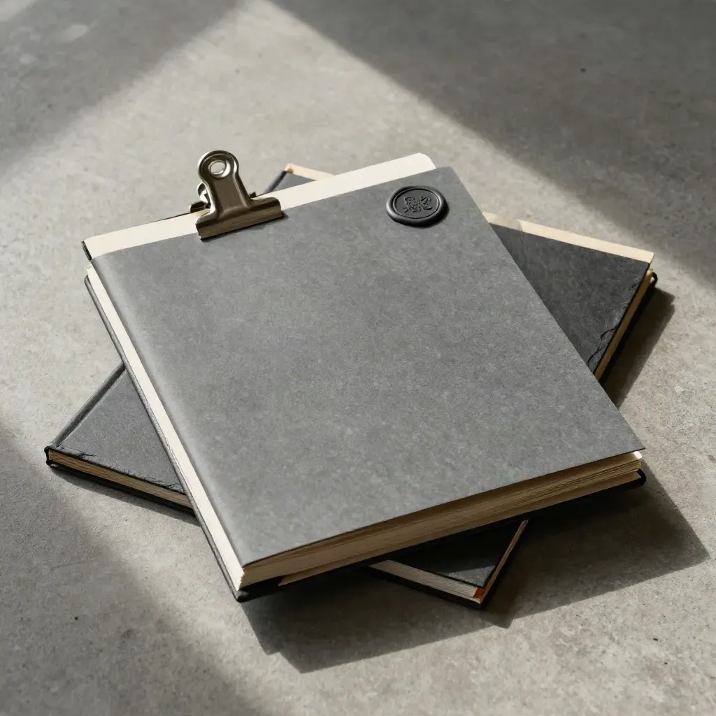Charcoal folders clipped on concrete with a wax seal and slate board