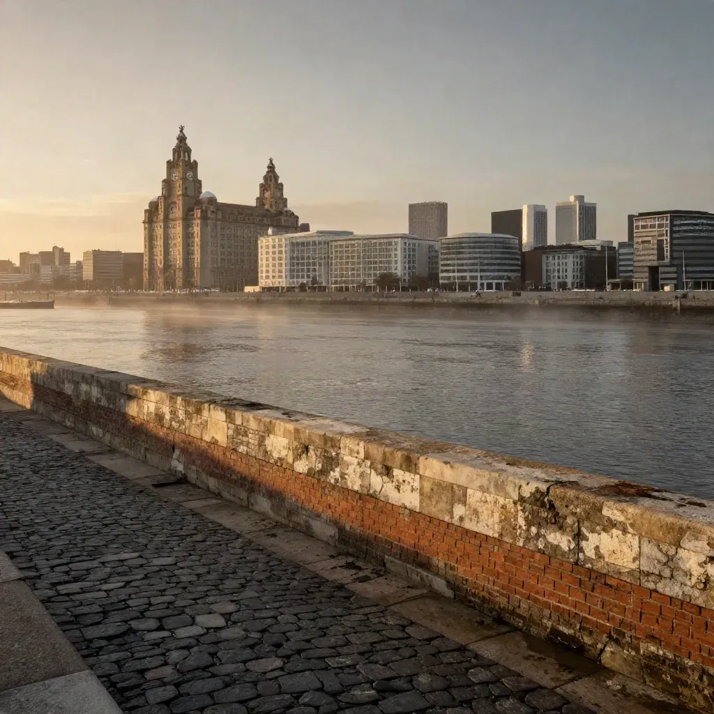 Liverpool waterfront with the Three Graces above calm Mersey water and stone quay
